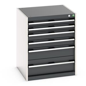 40019039.** Bott Cubio drawer cabinet with overall dimensions of 650mm wide x 650mm deep x 800mm high Cabinet consists of 2 x 75mm, 2 x 100mm, 1 x 150mm and 1 x 200mm high drawers 100% extension drawer with internal dimensions of 525mm wide x 525mm deep. The...
